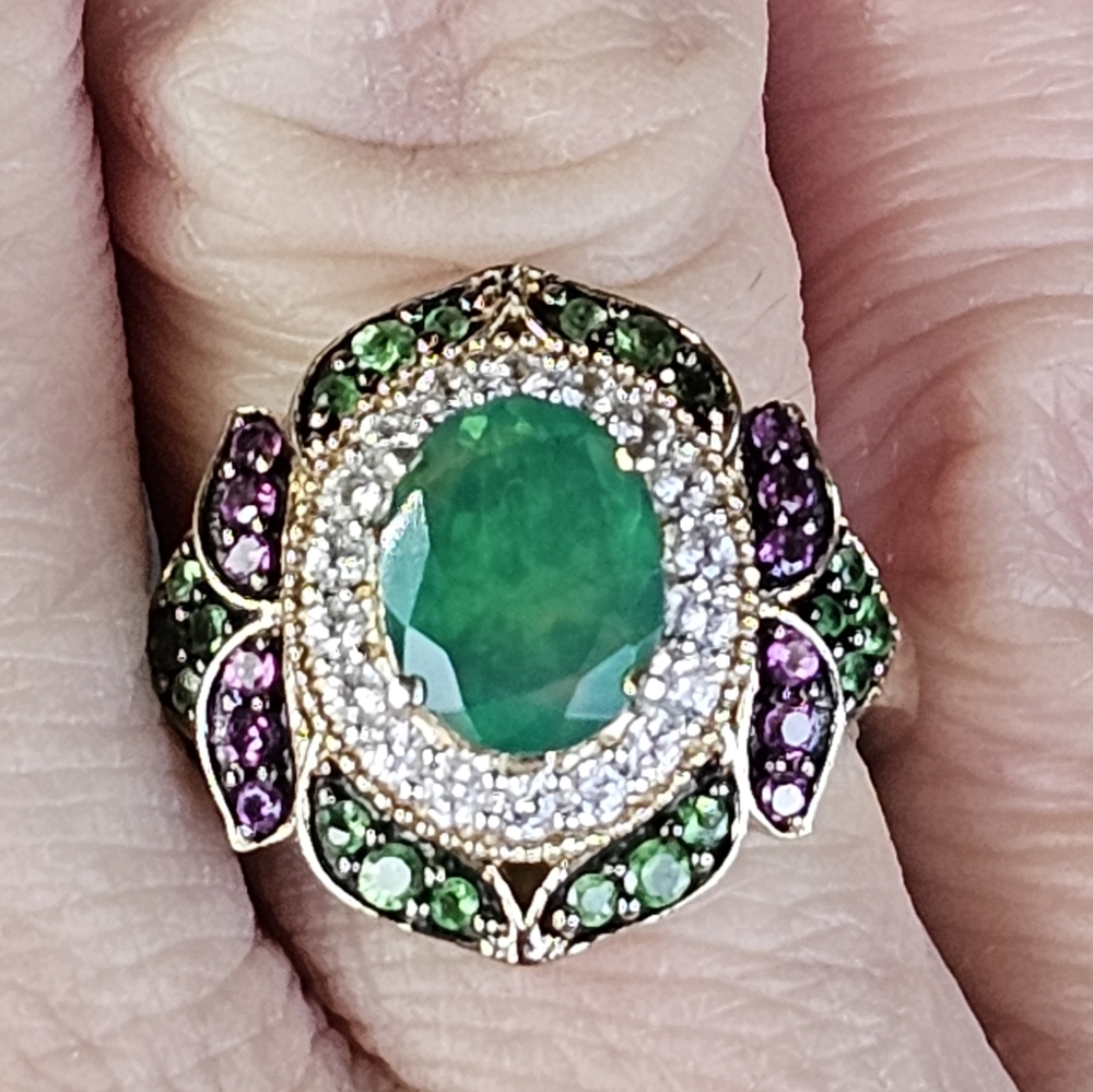 Genuine Green Opal, Chrome Diopside, Garnet, & Diamond Ring 18k/925 Sz 6.75 - Picture 7 of 8